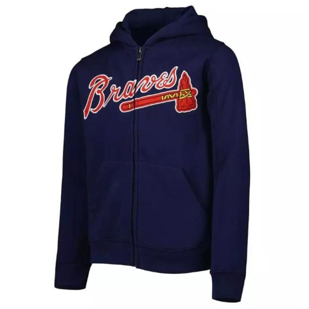 Majestic Youth MLB Navy & Red Atlanta Braves Baseball Full Zip Hoodie - L